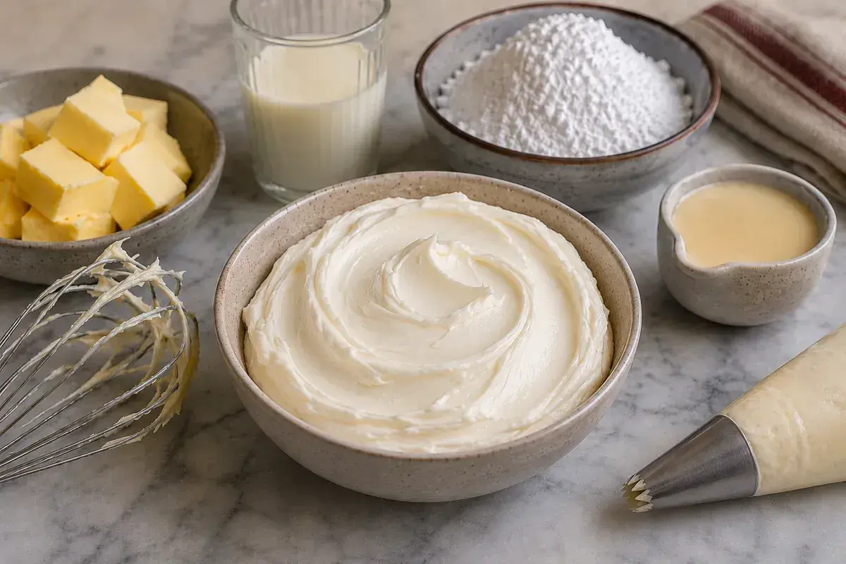 Préparation d'une crème onctueuse : lait, sucre glace, beurre en dés, et une belle crème pour remplacer beurre par creme fraiche.