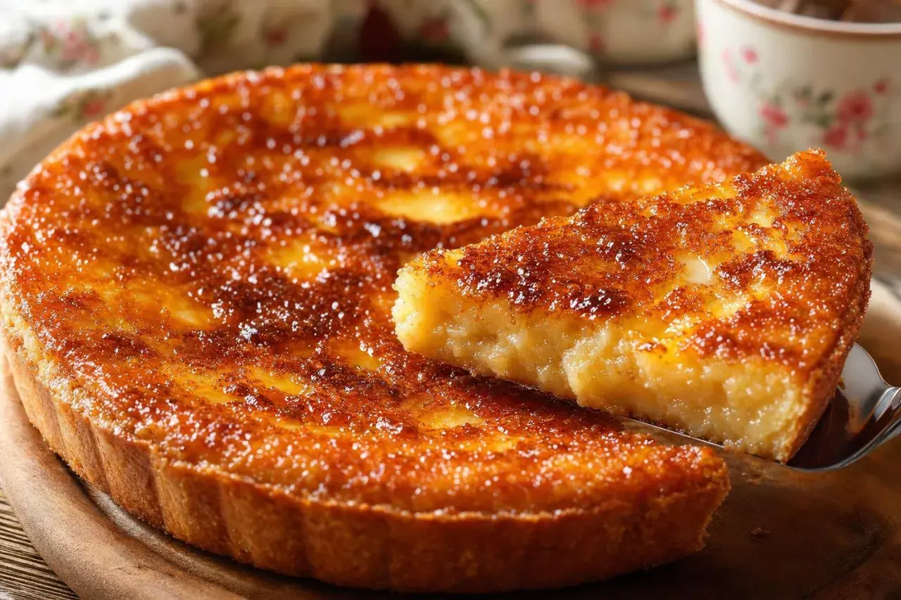 Une part de tarte au sucre dorée et caramélisée, rappelant la recette de tarte au sucre de grand-mère.