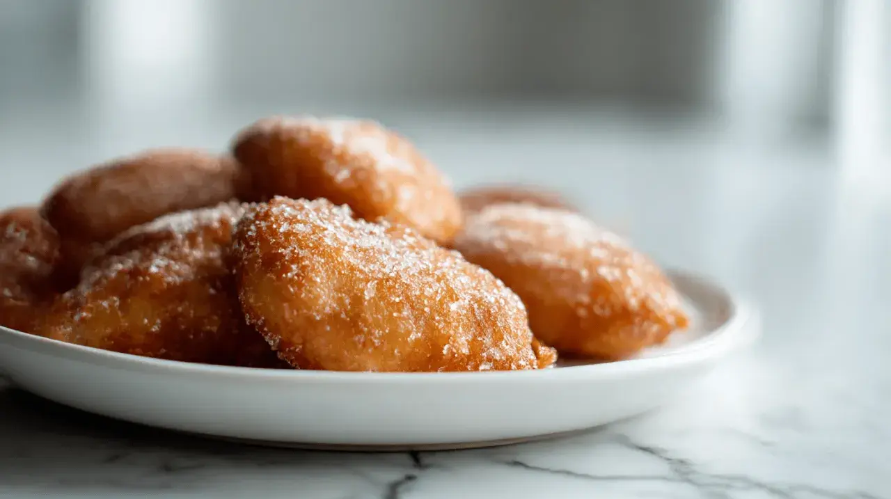 Une assiette de beignets aux pommes dorés, saupoudrés de sucre glace. Un délice croustillant et moelleux.