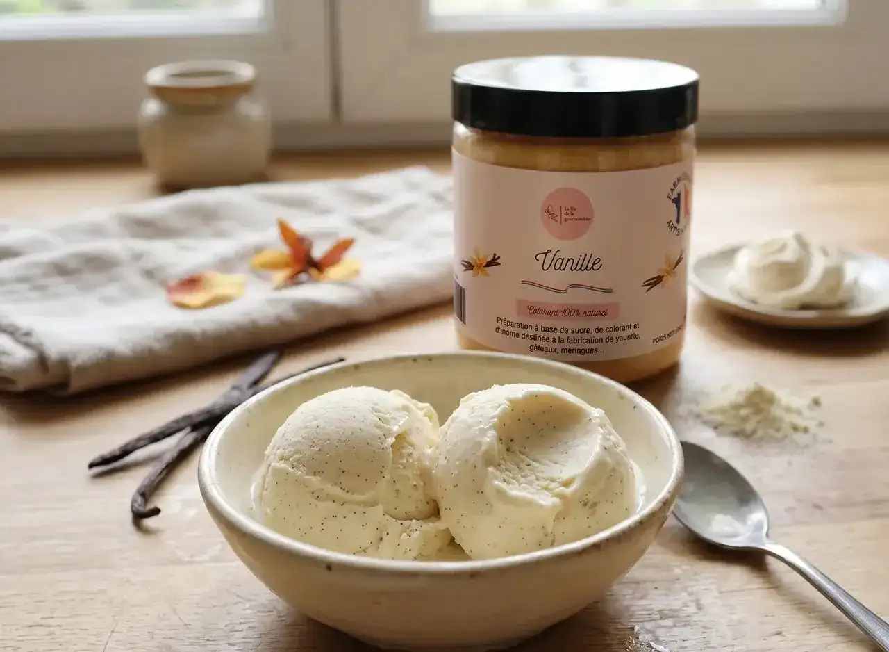 Deux boules de glace vanille sorbetière dans un bol, avec des gousses de vanille et un pot de préparation à la vanille.