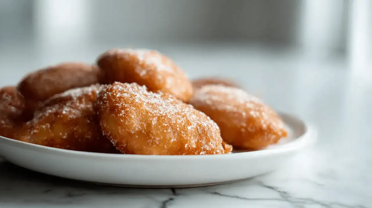 Une assiette de beignets aux pommes dorés, saupoudrés de sucre glace. Un délice croustillant et moelleux.