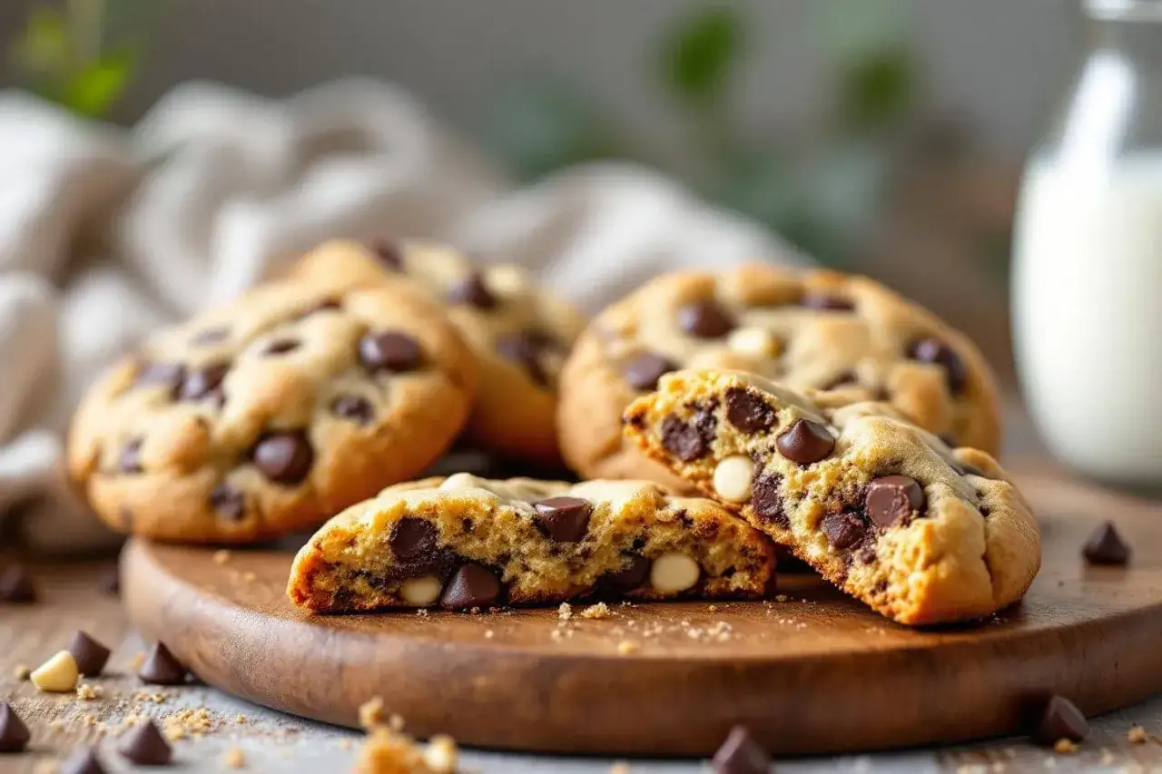 Gros plan sur des cookies chocolat au lait, certains entiers, d'autres coup&eacute;s, r&eacute;v&eacute;lant leur c&oelig;ur fondant. Parfaits pour un go&ucirc;ter gourmand.
