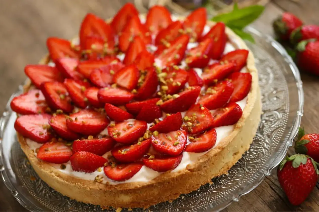 Tarte aux fraises sur p&acirc;te bris&eacute;e, garnie de cr&egrave;me et de fruits rouges frais, parsem&eacute;e de pistaches concass&eacute;es. Un d&eacute;lice estival.