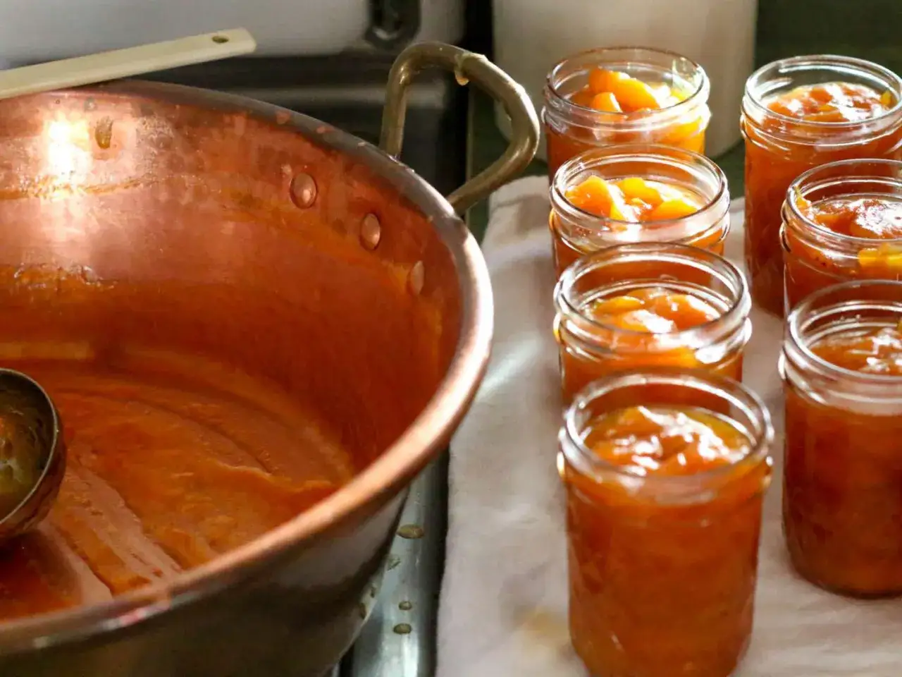 Cuivre et bocaux remplis de confiture d'abricots. Apprenez comment utiliser la pectine dans les confitures pour une texture parfaite.
