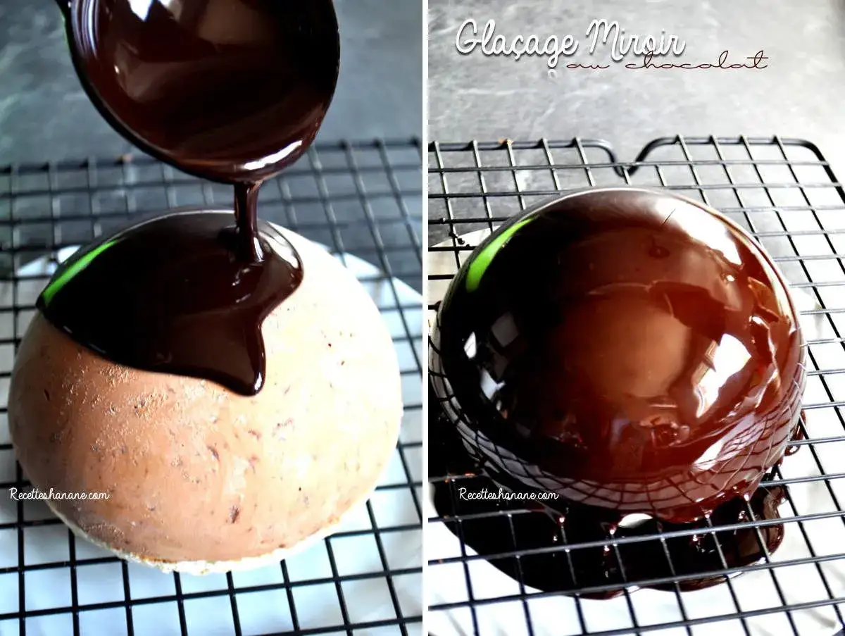 Application d'un glacage miroir chocolat lait sur un g&acirc;teau rond. Le gla&ccedil;age brille, promettant une gourmandise parfaite.