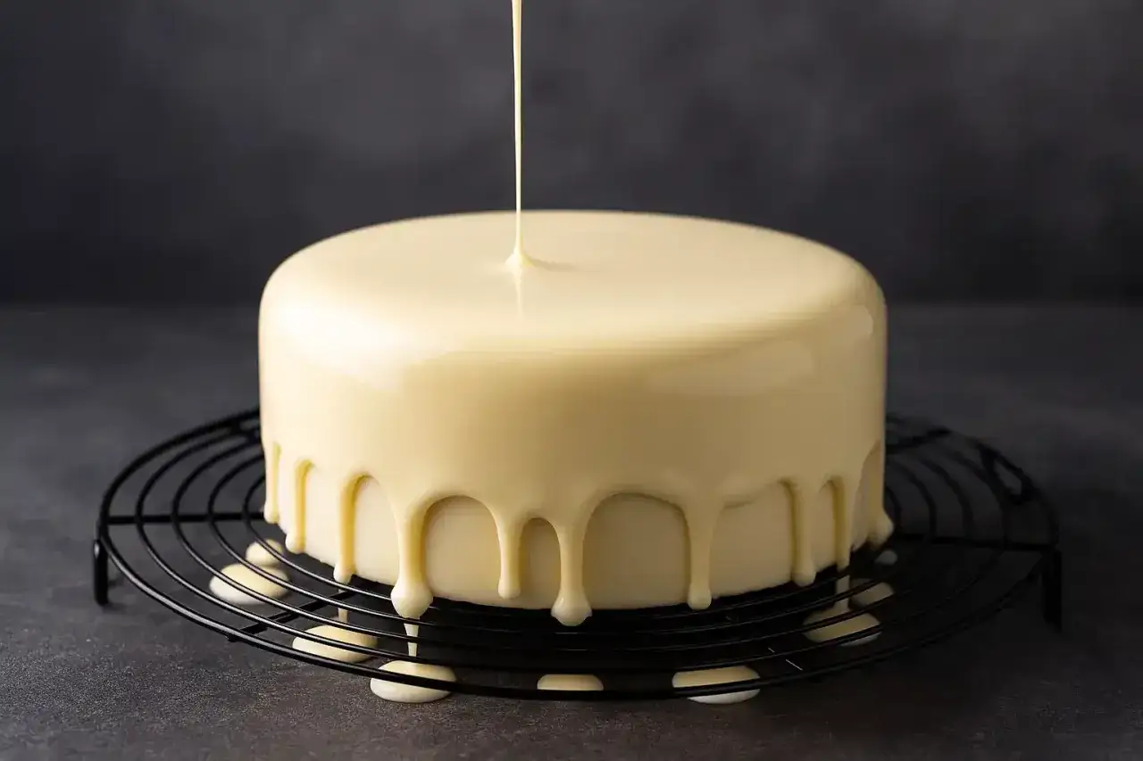 Un gâteau rond est recouvert d'un glaçage chocolat blanc onctueux, qui coule en fines coulées sur les côtés.