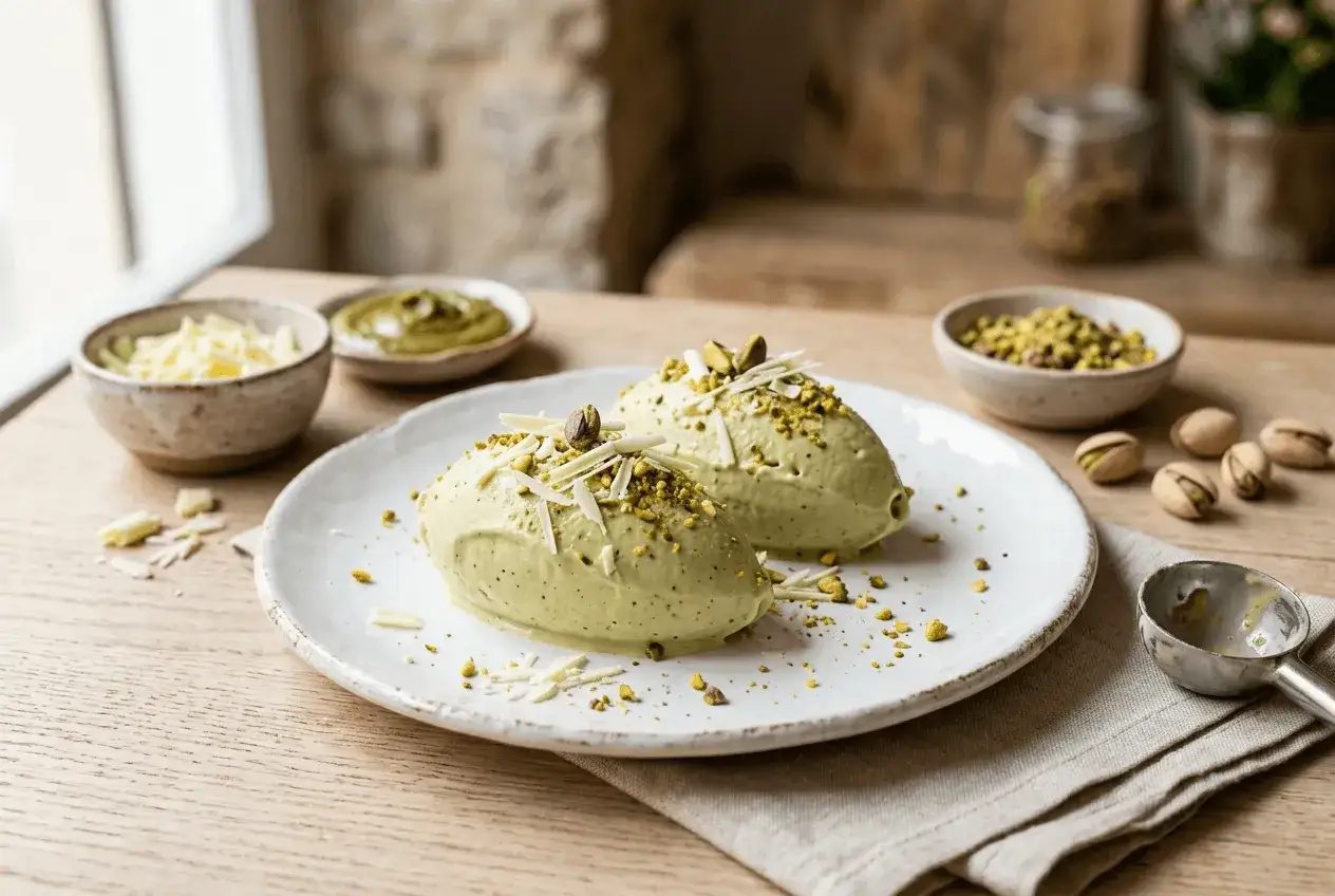 Deux boules d'une délicieuse glace à la pistache, garnies de pistaches concassées et de copeaux de chocolat blanc, sur une assiette rustique.