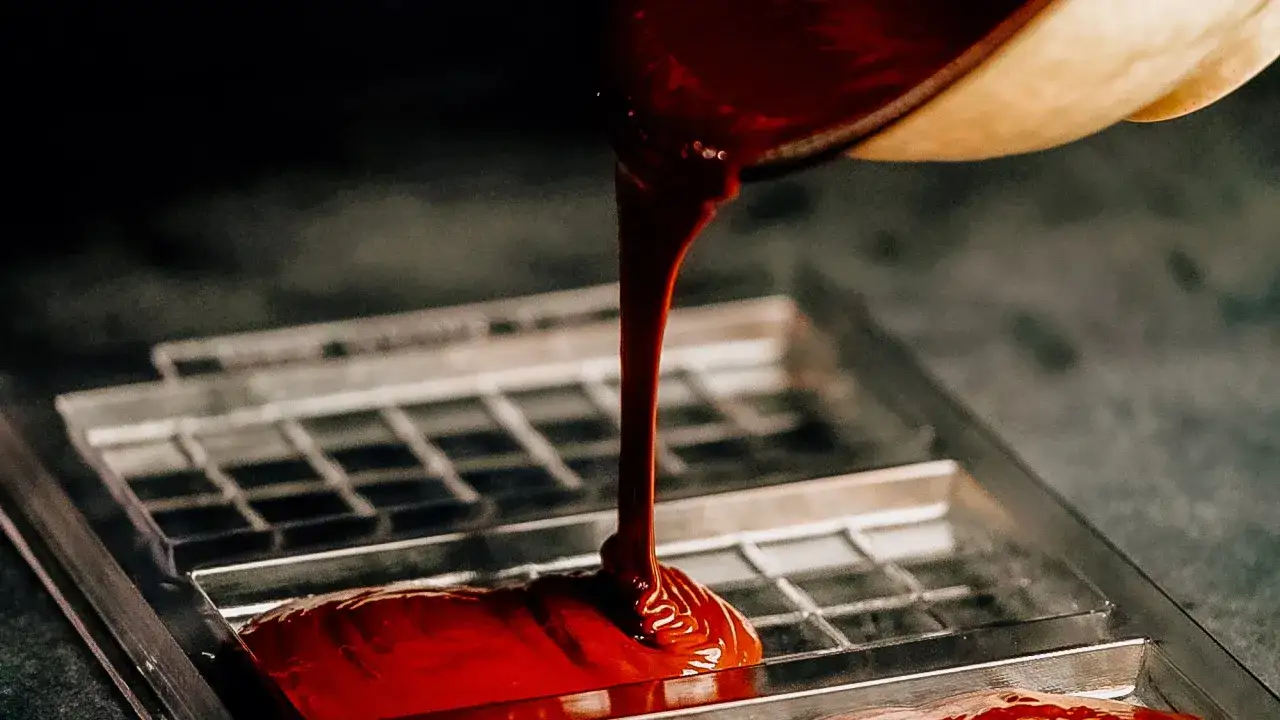 Comment faire du chocolat noir : du chocolat fondu coule d'une casserole dans un moule à tablettes.