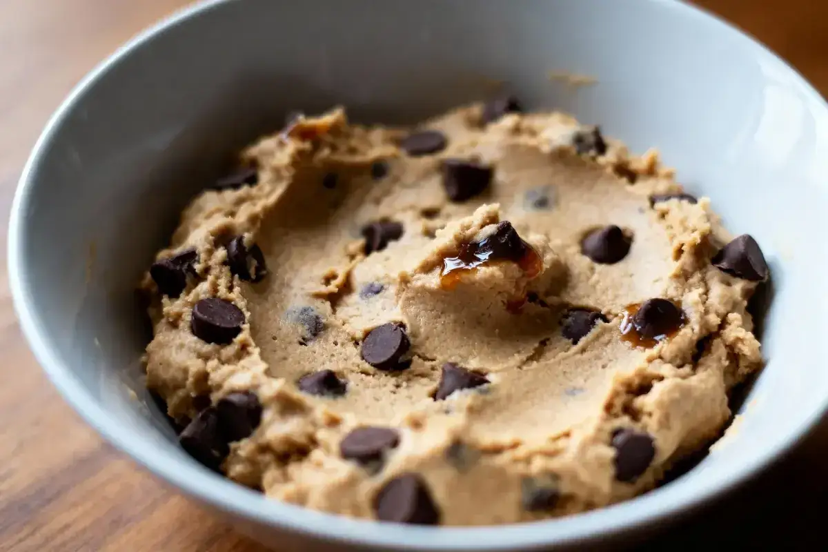 Pâte à cookie crue, riche en pépites de chocolat, dans un bol blanc. Une gourmandise tentante avant la cuisson.