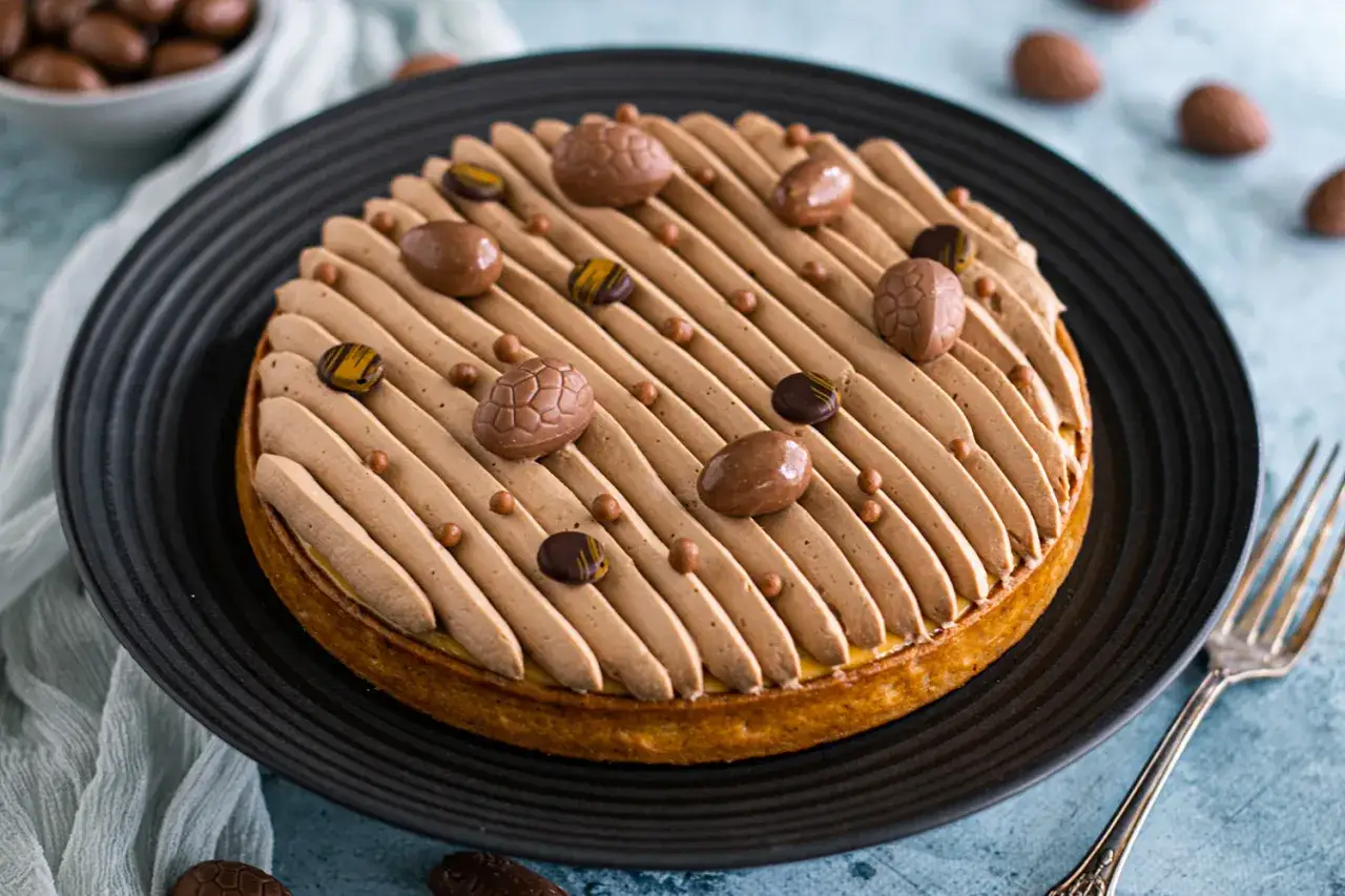 Tarte au chocolat orn&eacute;e d'&oelig;ufs et de perles en chocolat, pr&ecirc;te &agrave; &ecirc;tre d&eacute;gust&eacute;e.
