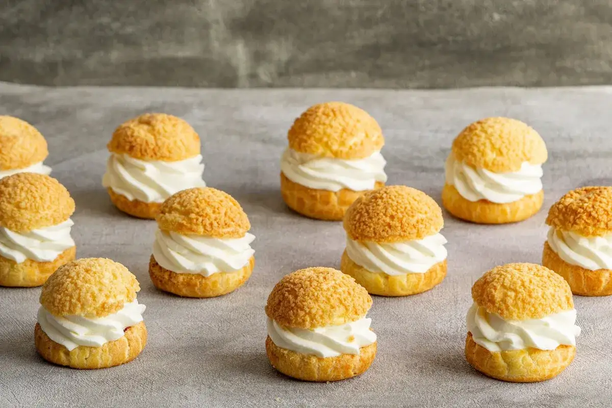 Douzaines de petits choux garnis de cr&egrave;me fouett&eacute;e. Une recette de p&acirc;te &agrave; choux facile pour un dessert gourmand.