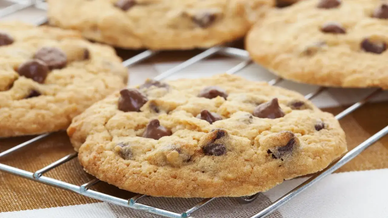Gros plan sur des cookies sans oeuf aux p&eacute;pites de chocolat, dor&eacute;s et app&eacute;tissants, refroidissant sur une grille.