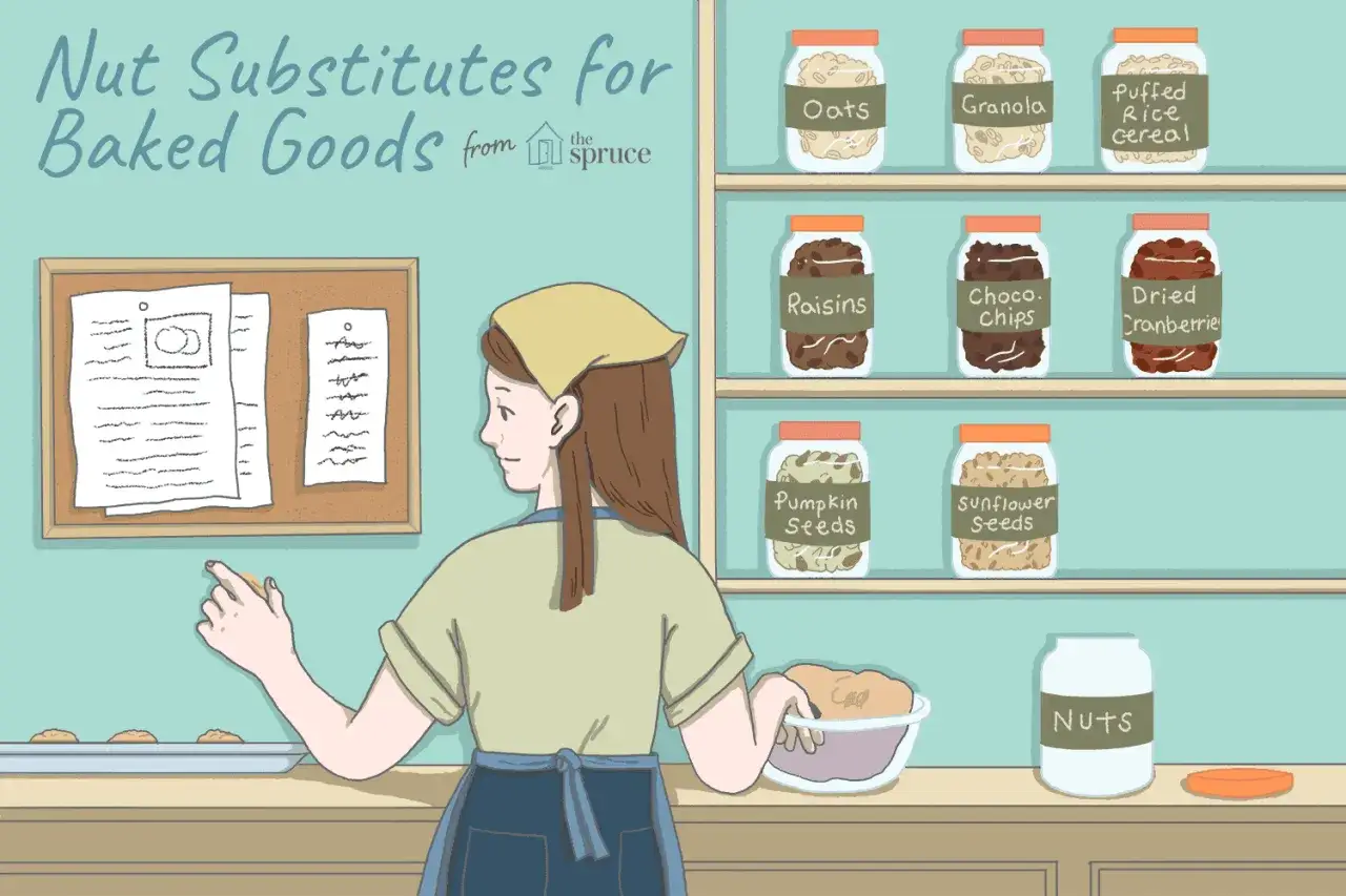 Une personne prépare des pâtisseries et cherche par quoi remplacer les amandes. Des bocaux d'avoine, de granola, de raisins secs, de pépites de chocolat, de graines de citrouille et de tournesol sont visibles.