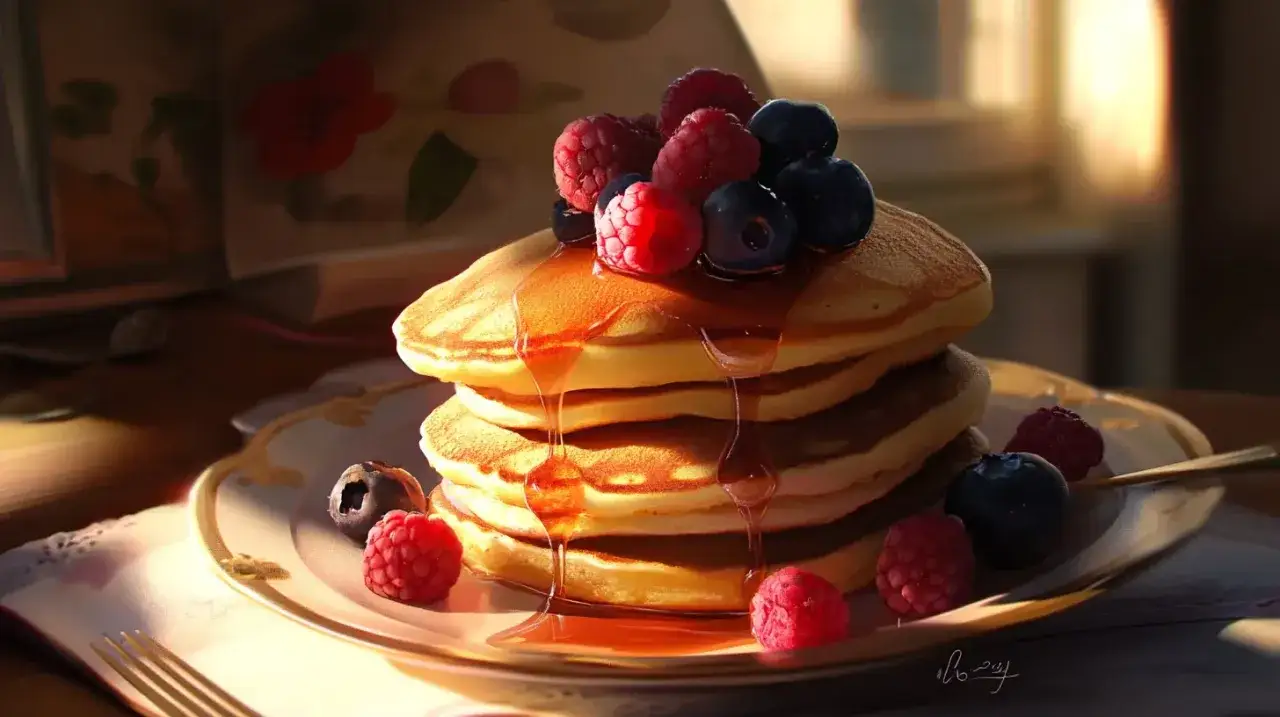 Pile de pancakes moelleux, nappés de sirop et garnis de framboises et myrtilles. Un délice pour les yeux et les papilles.