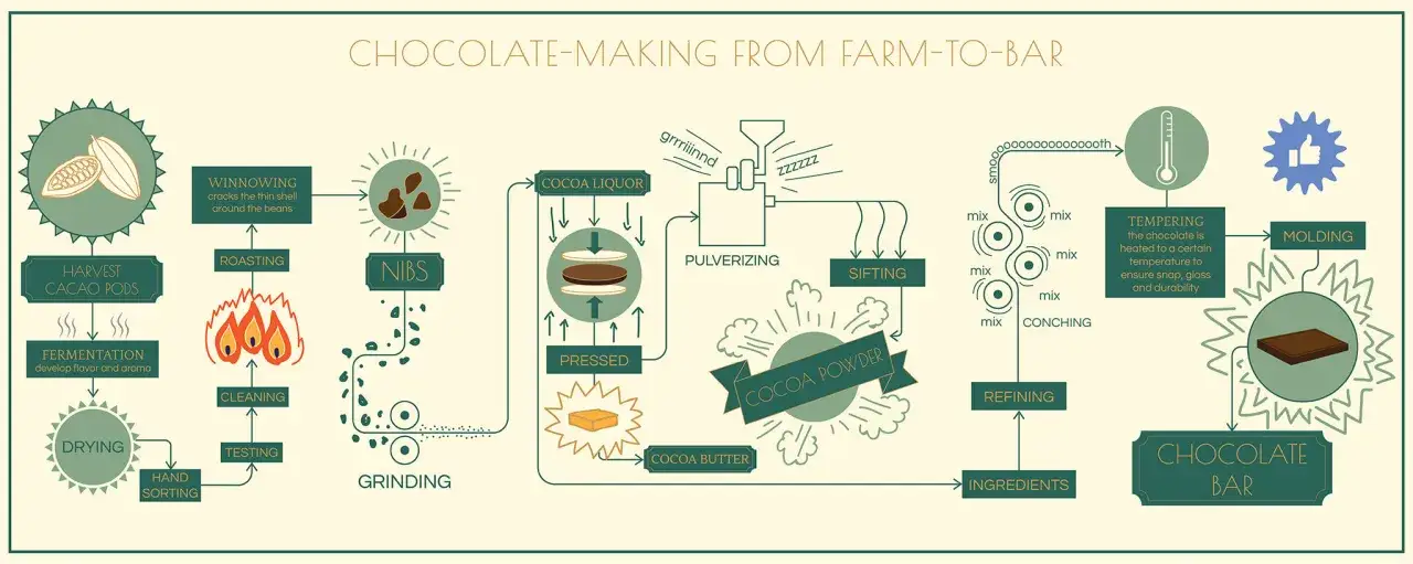 Schéma illustrant comment faire du chocolat : récolte, torréfaction, broyage, conchage, tempérage et moulage pour obtenir une tablette.