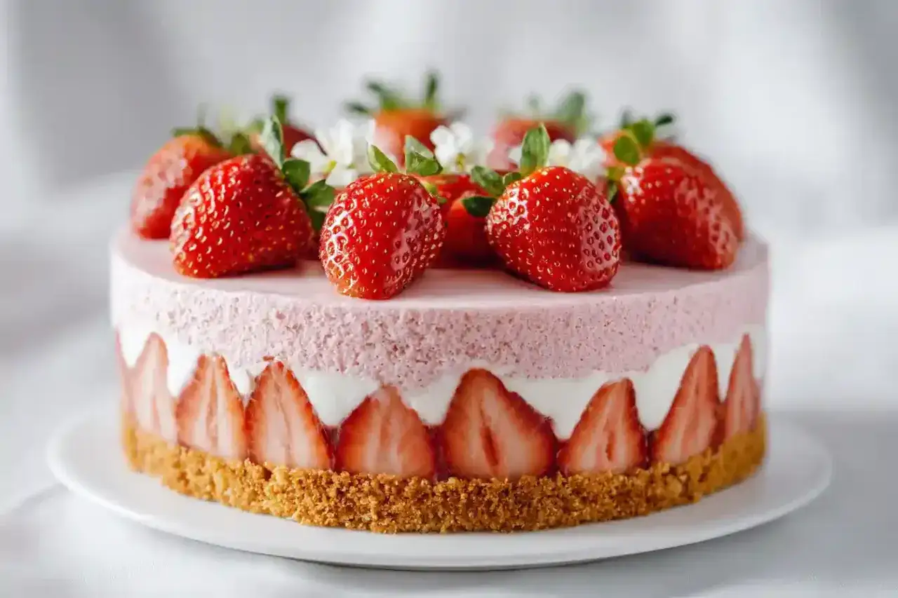 Gâteau fraisier avec une base biscuitée, garni de fraises fraîches et d'une mousse rose.
