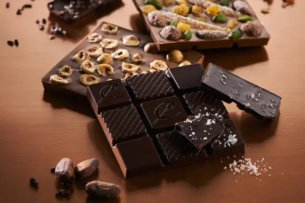 Tablettes de chocolat noir artisanal, aux noisettes, aux fruits confits et au sel. Une invitation à découvrir comment faire du chocolat noir.