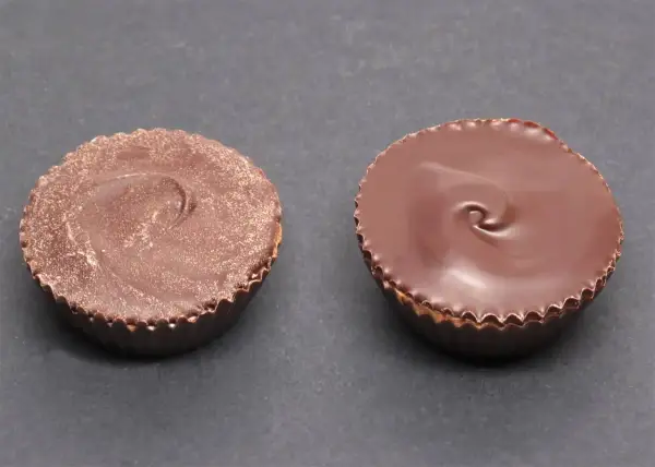 Deux bonbons au chocolat noir, l'un mat et l'autre brillant, montrant le résultat d'un bon tempérage du chocolat.