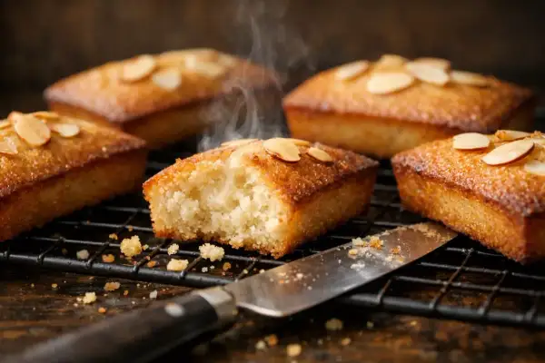 Délicieux financiers amandes, une recette grand-mère qui sent bon le fait maison. Vapeur s'échappant d'un gâteau à peine sorti du four.