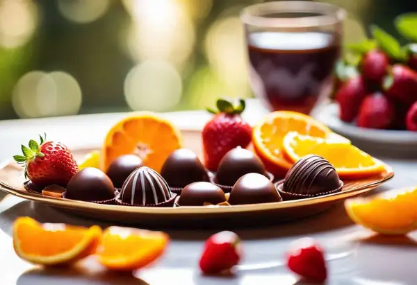 Assortiment de chocolats fins, fraises et quartiers d'orange, un délice pour les sens. L'orange au chocolat, une combinaison parfaite.