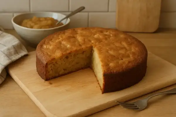 Gâteau moelleux, une alternative légère pour remplacer 100 g de beurre par compote. Servi avec une compote de pommes.
