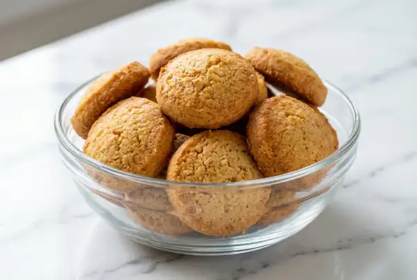 Un bol en verre rempli de petits biscuits dorés, parfaits pour une recette facile.