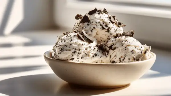 Un bol de glace stracciatella maison, parsemé de copeaux de chocolat noir. Une recette simple pour un plaisir gourmand.