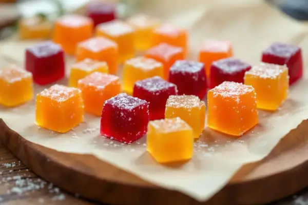 Des cubes de pâte de fruit colorés, rouges et orangés, saupoudrés de sucre, prêts à être dégustés. Une belle idée pour une recette facile.