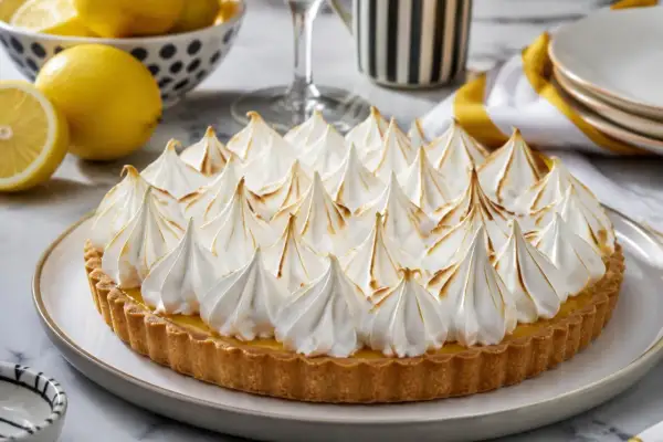 Tarte au citron généreusement garnie de meringue italienne dorée, prête à être dégustée.