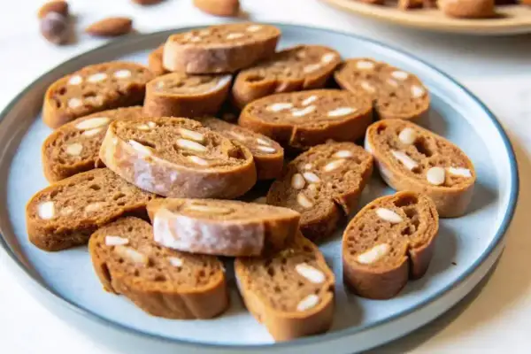 Assiette de croquant aux amandes, biscuits fins et croustillants parsemés de morceaux d'amandes.