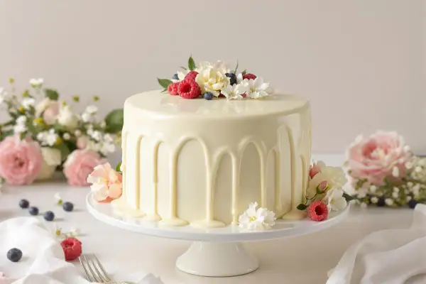Gâteau élégant avec un glaçage chocolat blanc dégoulinant, décoré de fruits rouges et de fleurs fraîches.