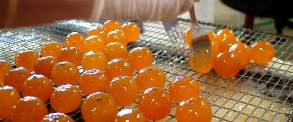 Des fruits orangés brillants, prêts à être confits, sont disposés sur une grille. Une fourchette les manipule délicatement.