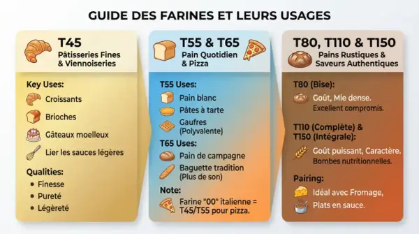 Guide des farines : T45 pour pâtisseries, T55/T65 pour pain/pizza, T80/T110/T150 pour pains rustiques. Le taux de gluten varie selon l'usage.