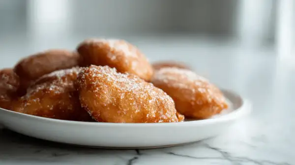 Une assiette de beignets aux pommes dorés, saupoudrés de sucre glace. Un délice croustillant et moelleux.