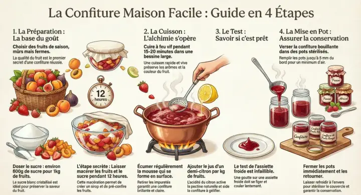 Guide pour faire sa confiture maison : fruits, sucre, cuisson, test d'assiette froide pour la gélification grâce à la pectine naturelle.